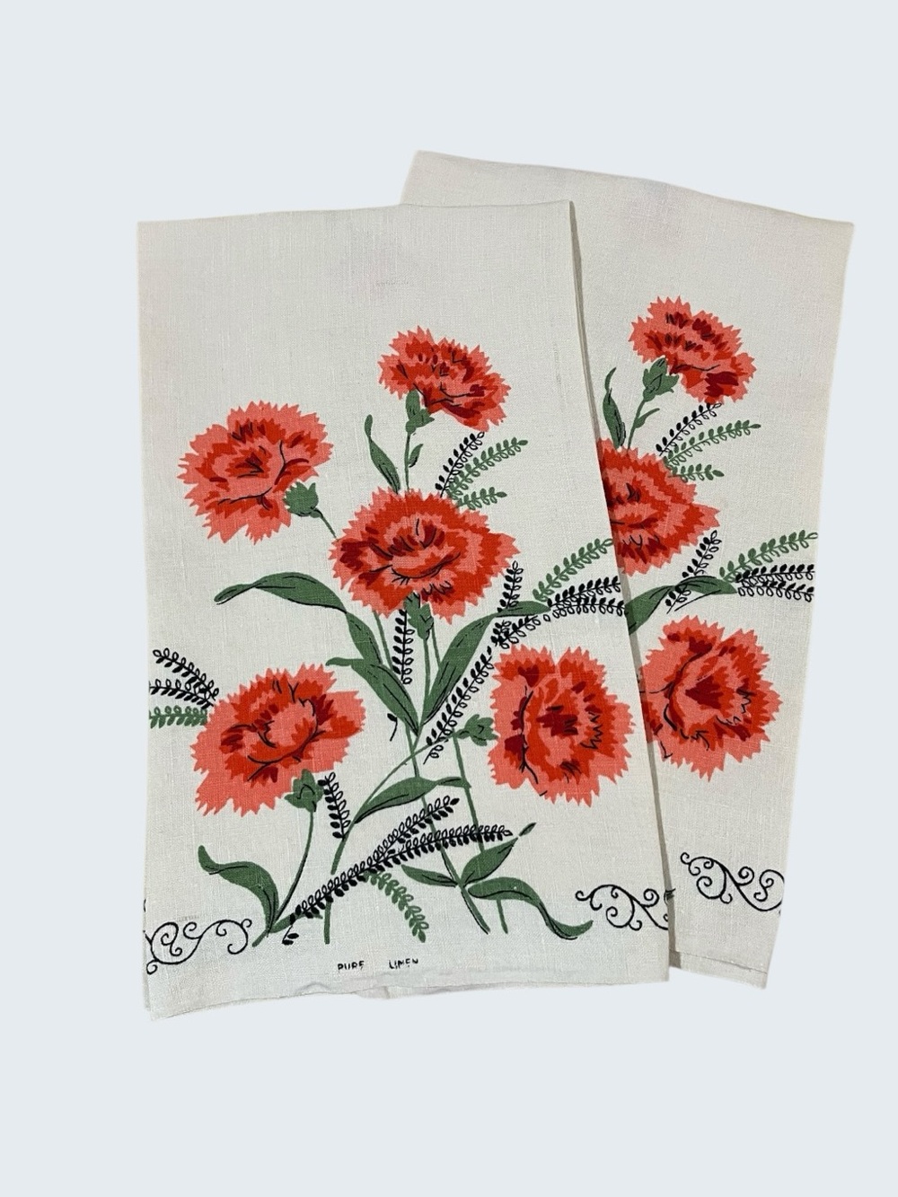 Vintage Hand Printed Red Floral Linen Tea Towels- Set of 2